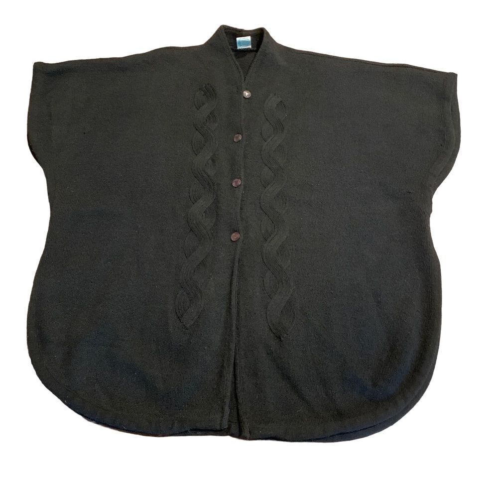 Women’s Black Poncho Cape Sweater Liliano Creations Cable Knit Detail